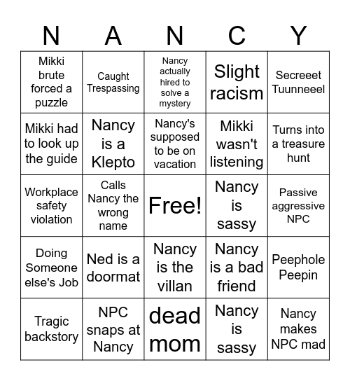 Unhinged Nancy Bingo Card