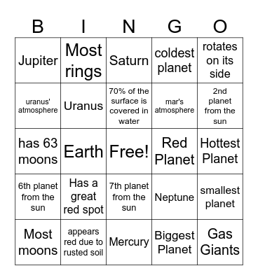 Planet Bingo Card