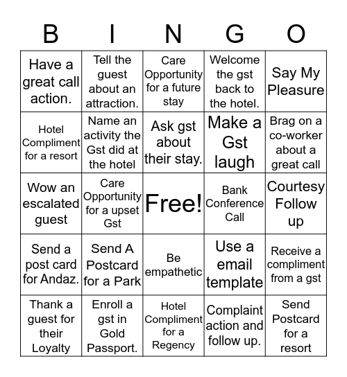 Guest Experience Bingo Card