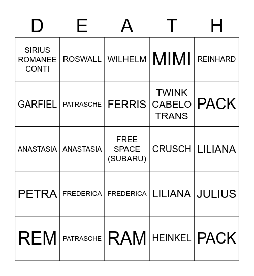 RE:DEATHS Bingo Card