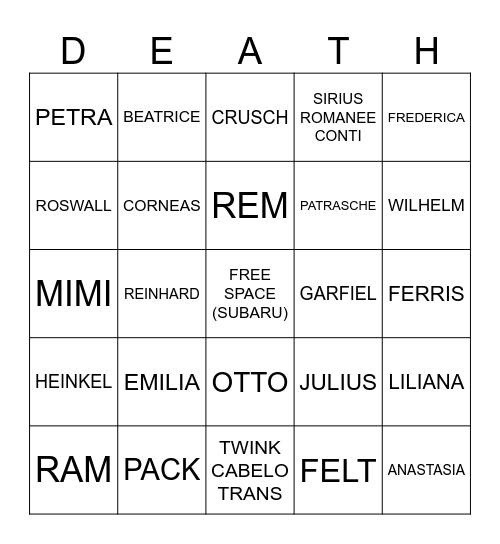 RE:DEATHS Bingo Card