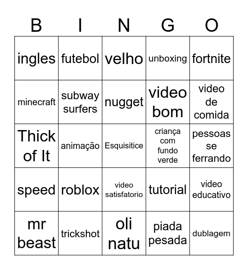 youtubere Bingo Card