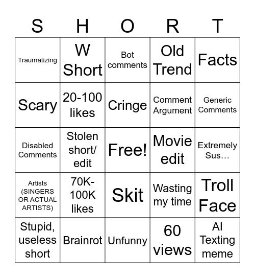 YT Shorts Bingo Card