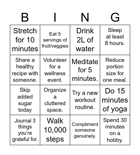 Health/Mindfulness Bingo Card