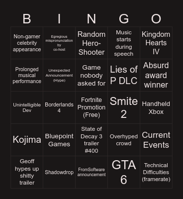 Game Awards 2024 Bingo Card