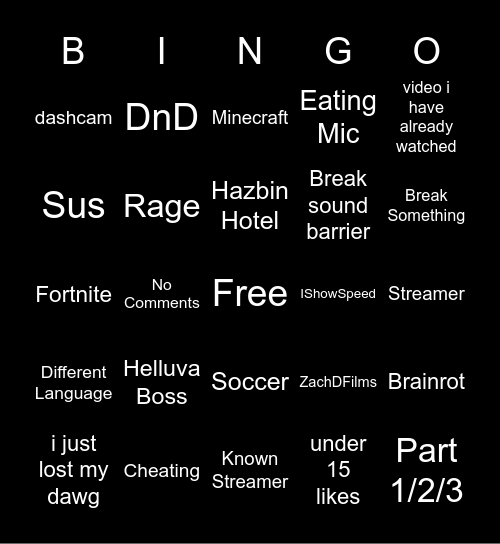Youtube Shorts/ Tiktok Bingo Card