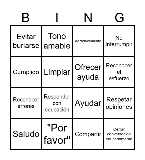Respeto y Amabilidad Bingo Card