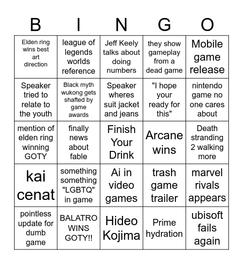 Game Award bingo Card