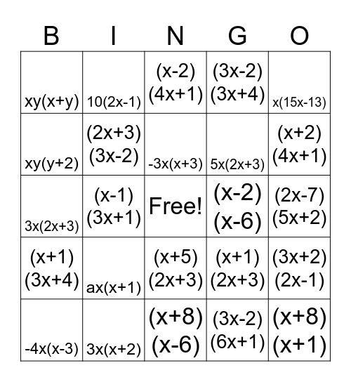 Factoring and Factoring by Grouping Bingo Card