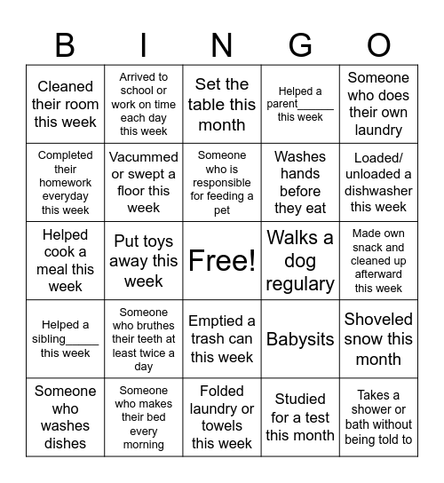 responsibile person bingo Card