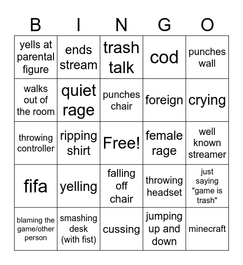 gamer rage bingo Card