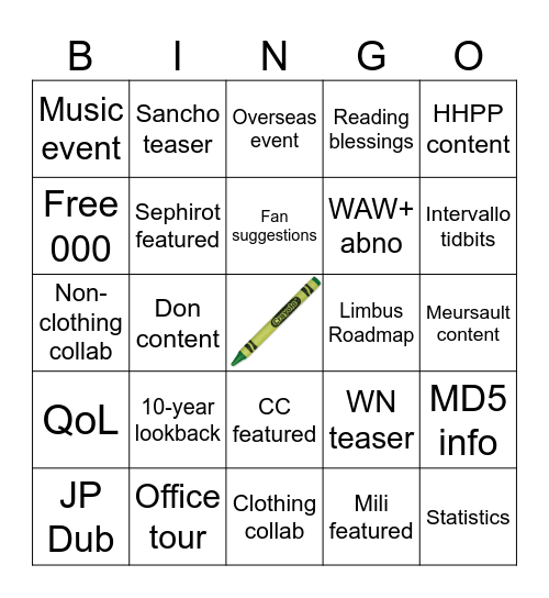 Limbus 10th Anni Stream Bingo Card