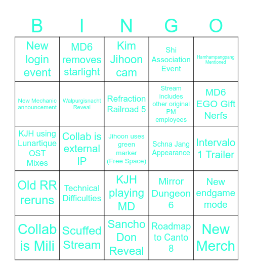 Project Moon 8th Anni Livestream Bingo Card