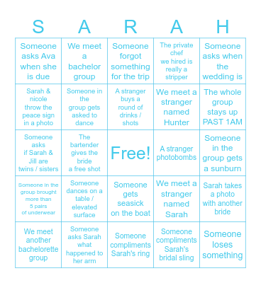 Sarah's Bachelorette Bingo Card