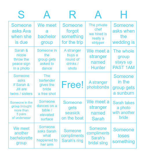 Sarah's Bachelorette Bingo Card