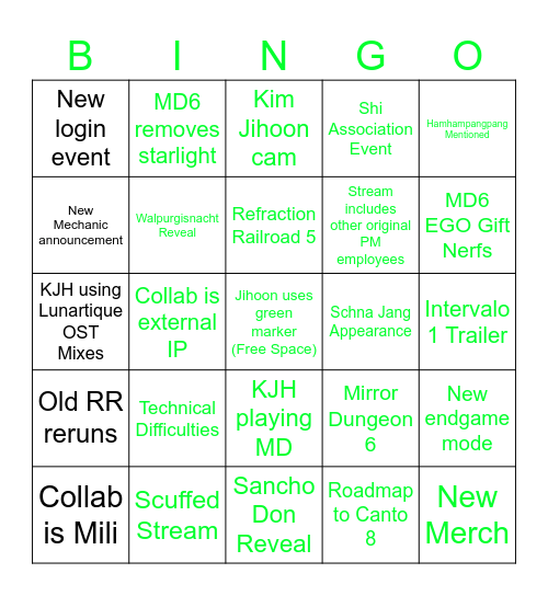 Project Moon 8th Anni Livestream Bingo Card