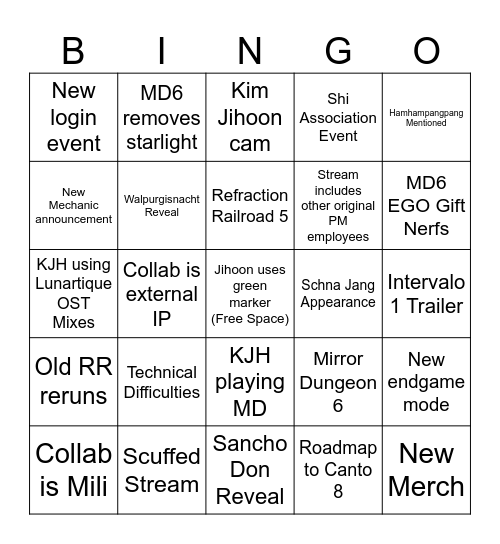 Project Moon 8th Anni Livestream Bingo Card