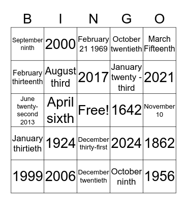 Dates and months  Bingo Card