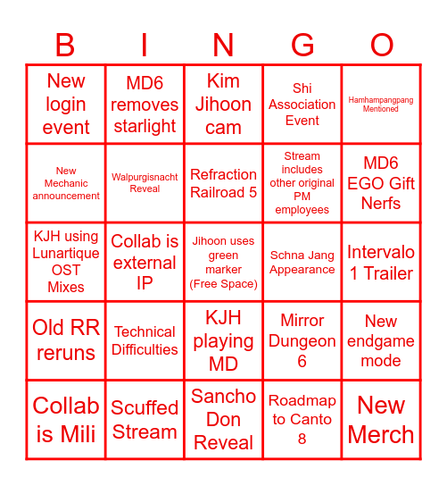 Project Moon 8th Anni Livestream Bingo Card