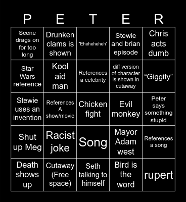 Family guy Bingo Card