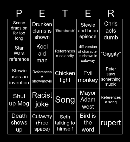 Family guy Bingo Card