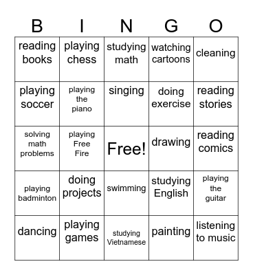 School Activities Bingo card Bingo Card