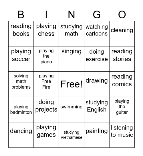 School Activities Bingo card Bingo Card