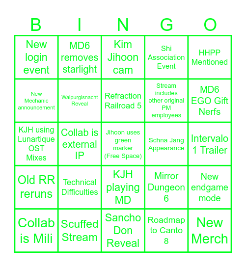 Project Moon 8th Anni Livestream Bingo Card