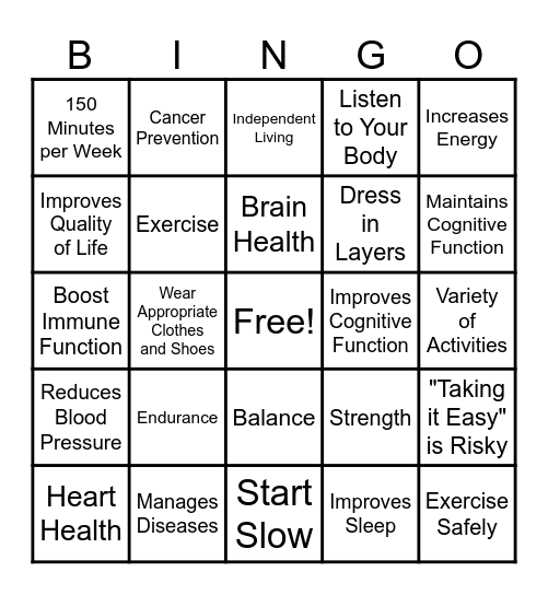 Benefits of Physical Activity Bingo Card