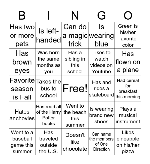 Getting To Know You! Bingo Card