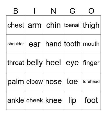 Parts of the body Bingo Card