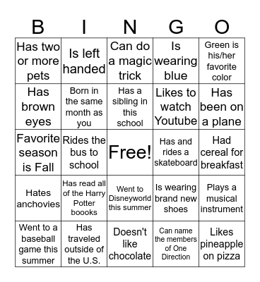 Getting To Know You Bingo Card