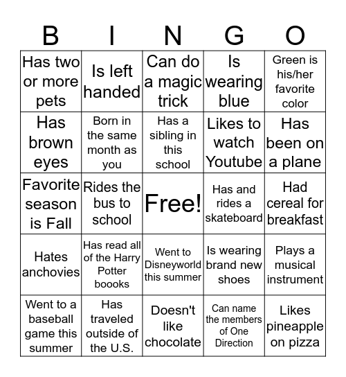 Getting To Know You Bingo Card