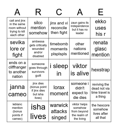 the lex² arcane bingi bango Bingo Card