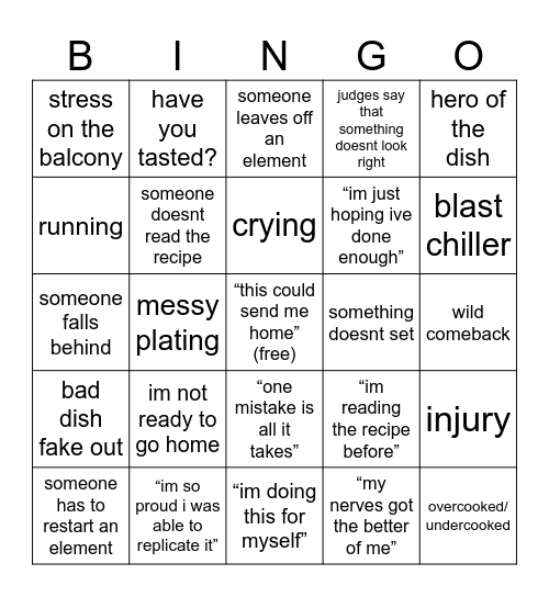 masterchef pressure test Bingo Card