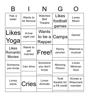 Theatre Bingo Card