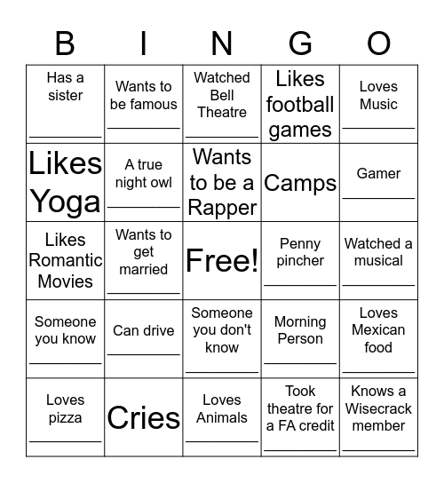 Theatre Bingo Card