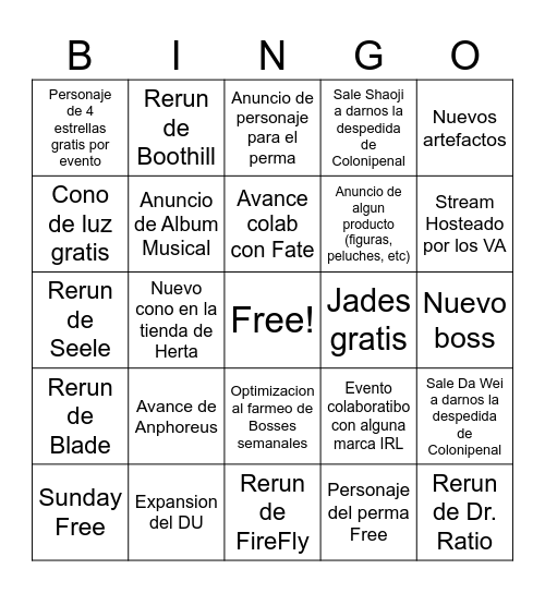 Bingo HSR Live 2.7 Bingo Card