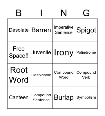 Vocabulary Bingo Card