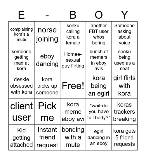 Kora Eboy Bingo Card