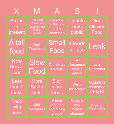 Secret Staycation Christmas Update Bingo Card