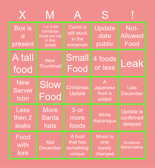 Secret Staycation Christmas Update Bingo Card