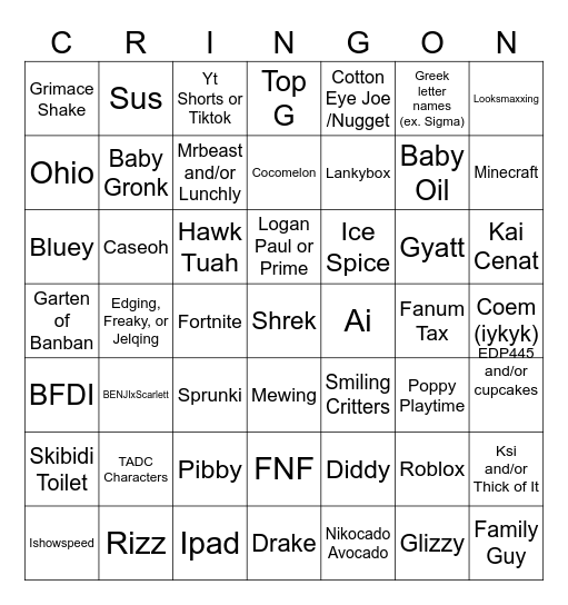 Gen A Cringe Bingo Card