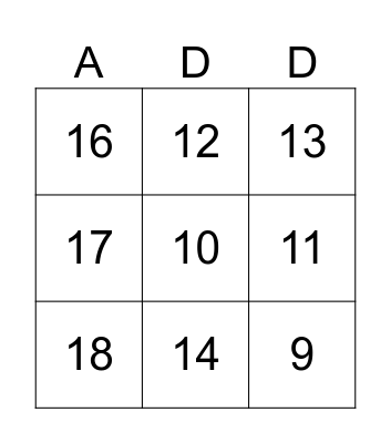 Dice Addition Bingo Card
