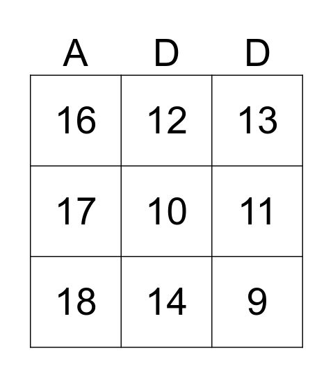 Dice Addition Bingo Card