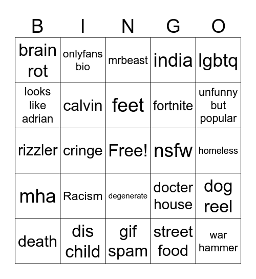 instagram reel Bingo Card