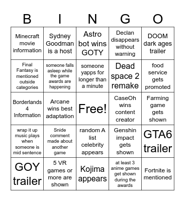 Game Awards Bingo Card Bingo Card
