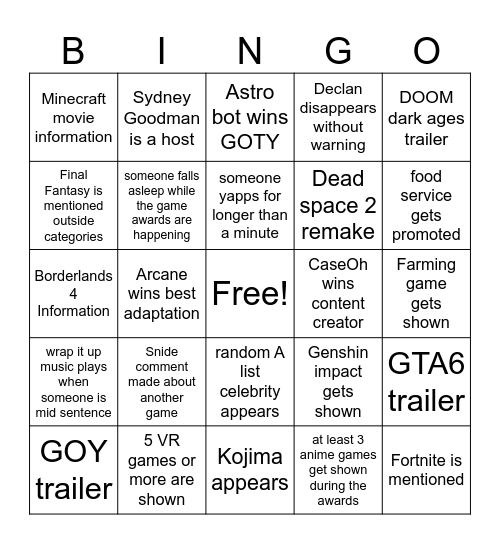 Game Awards Bingo Card Bingo Card