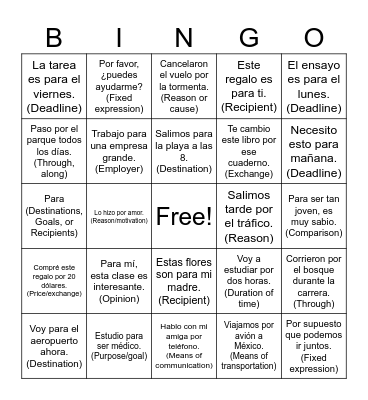 Por vs Para Bingo Card