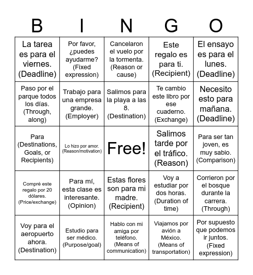 Por vs Para Bingo Card
